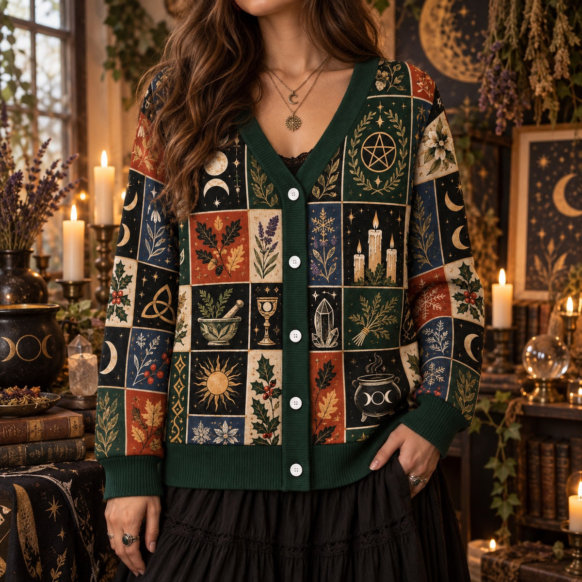 Eight Sabbat Sun Wheel Pagan Cardigan for Women Cauldron Patchwork, worn, front view