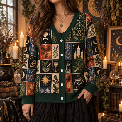 Eight Sabbat Sun Wheel Pagan Cardigan for Women Cauldron Patchwork, worn, front view