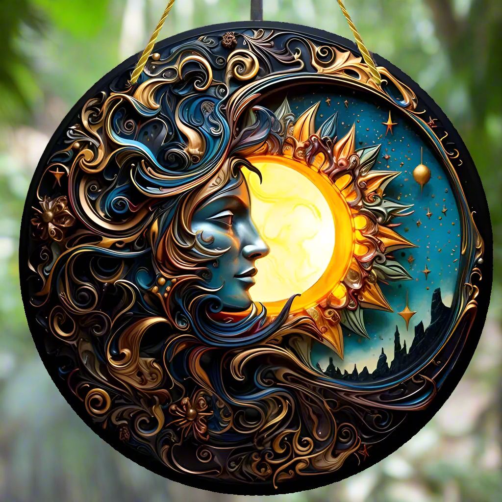 Moon Sun Suncatcher Wicca Pagan Acrylic Round Sign Moon Wall Hanging-MoonChildWorld