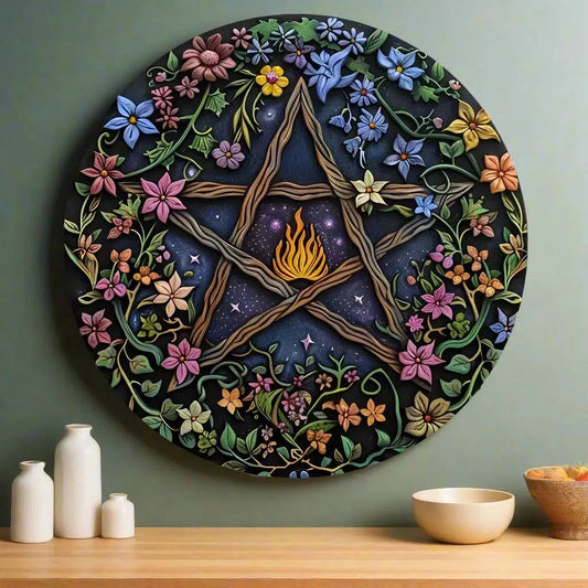 Floral Pentacle Metal Sign Pentagram Wicca Pagan Wall Art for Yule Decor