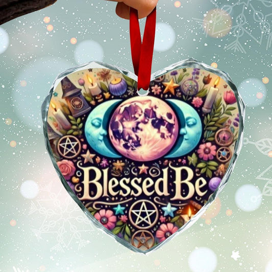 Pentacle Triple Moon Pagan Christmas Heart-Shaped Crystal Glass Ornament