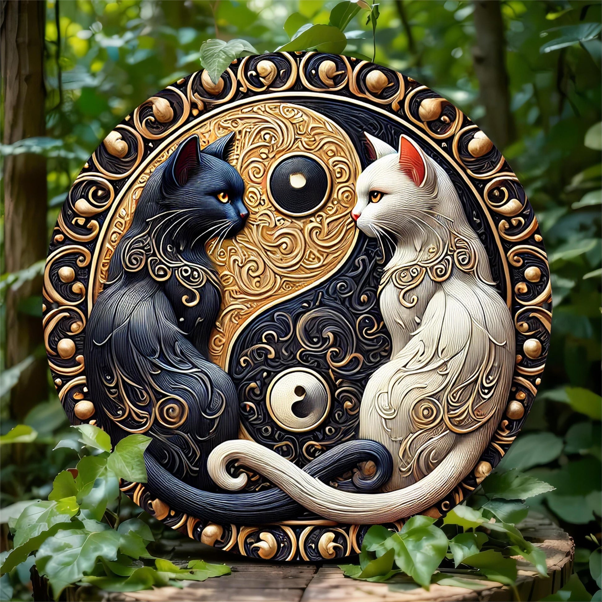 Black & White Cat Metal Sign Yin Yang Cat Wall Sign Feng Shui Home Decor-MoonChildWorld