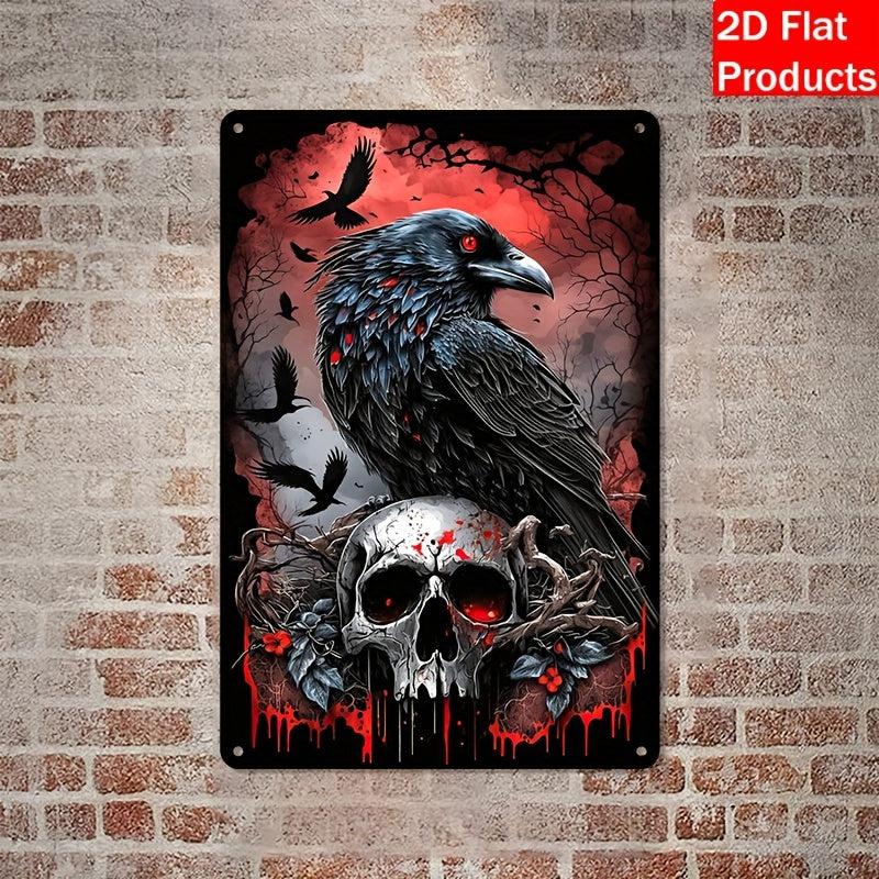 Gothic Crow and Skull Wall Art Dark Raven Metal Wall Sign-MoonChildWorld