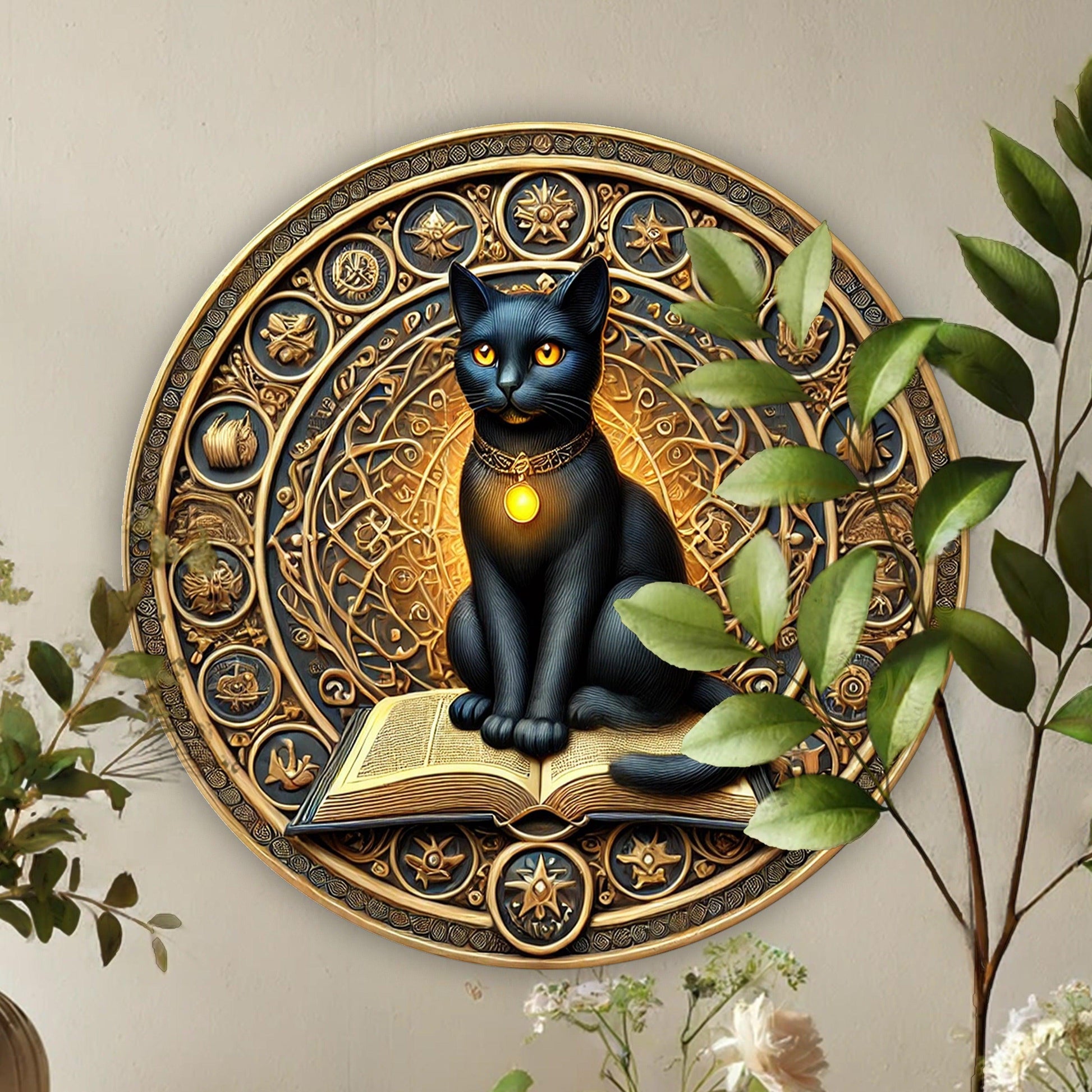 Witchy Black Cat on Book of Shadows Wicca Metal Sign-MoonChildWorld