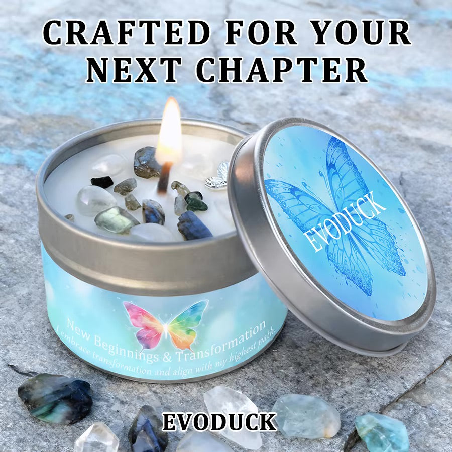 New Beginnings & Transformation candle lit with crystals, crafted for your next chapter