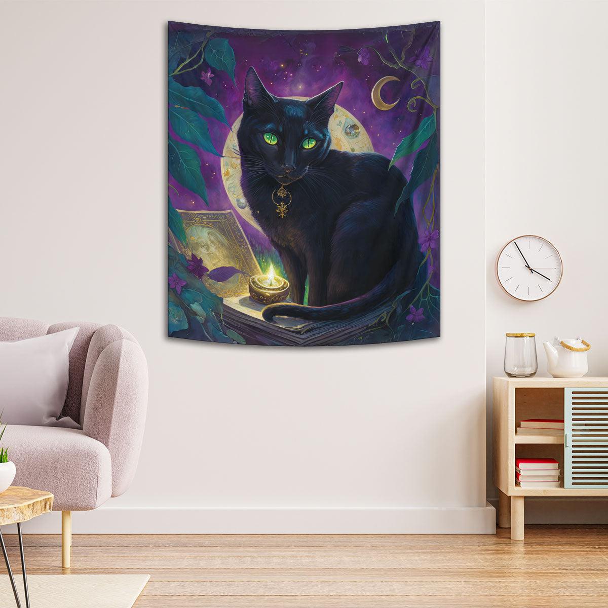 Black Cat Witchcraft Tapestry Witchy Cat Wall Hanging-MoonChildWorld