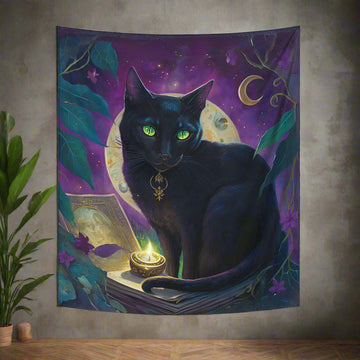 Black Cat Witchcraft Tapestry Witchy Cat Wall Hanging-MoonChildWorld