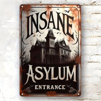 Vintage Insane Asylum Entrance Metal Sign Witch Wall Sign Halloween Welcome Sign