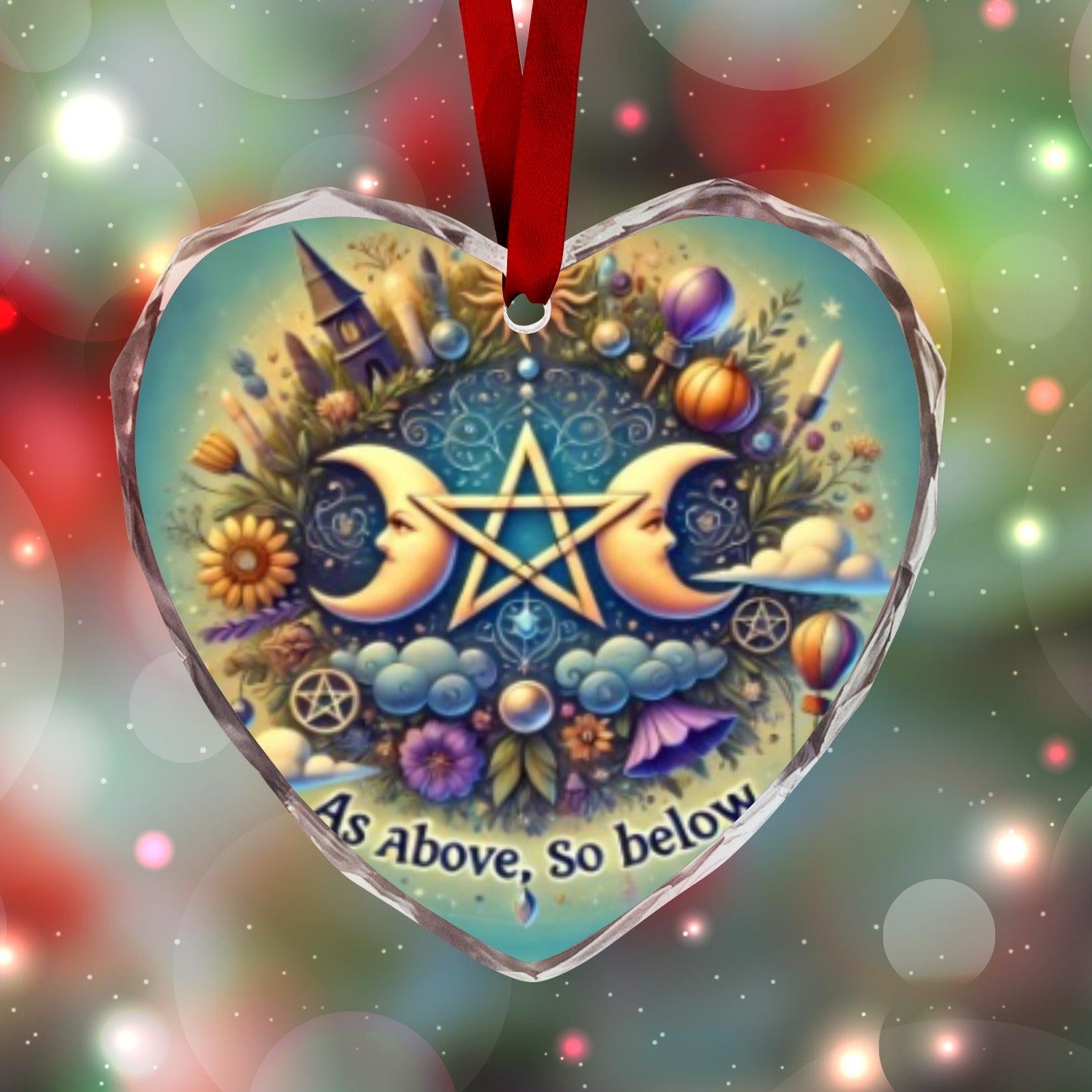 Pentagram Triple Moon Pagan Yule Heart-Shaped Crystal Glass Ornament-MoonChildWorld