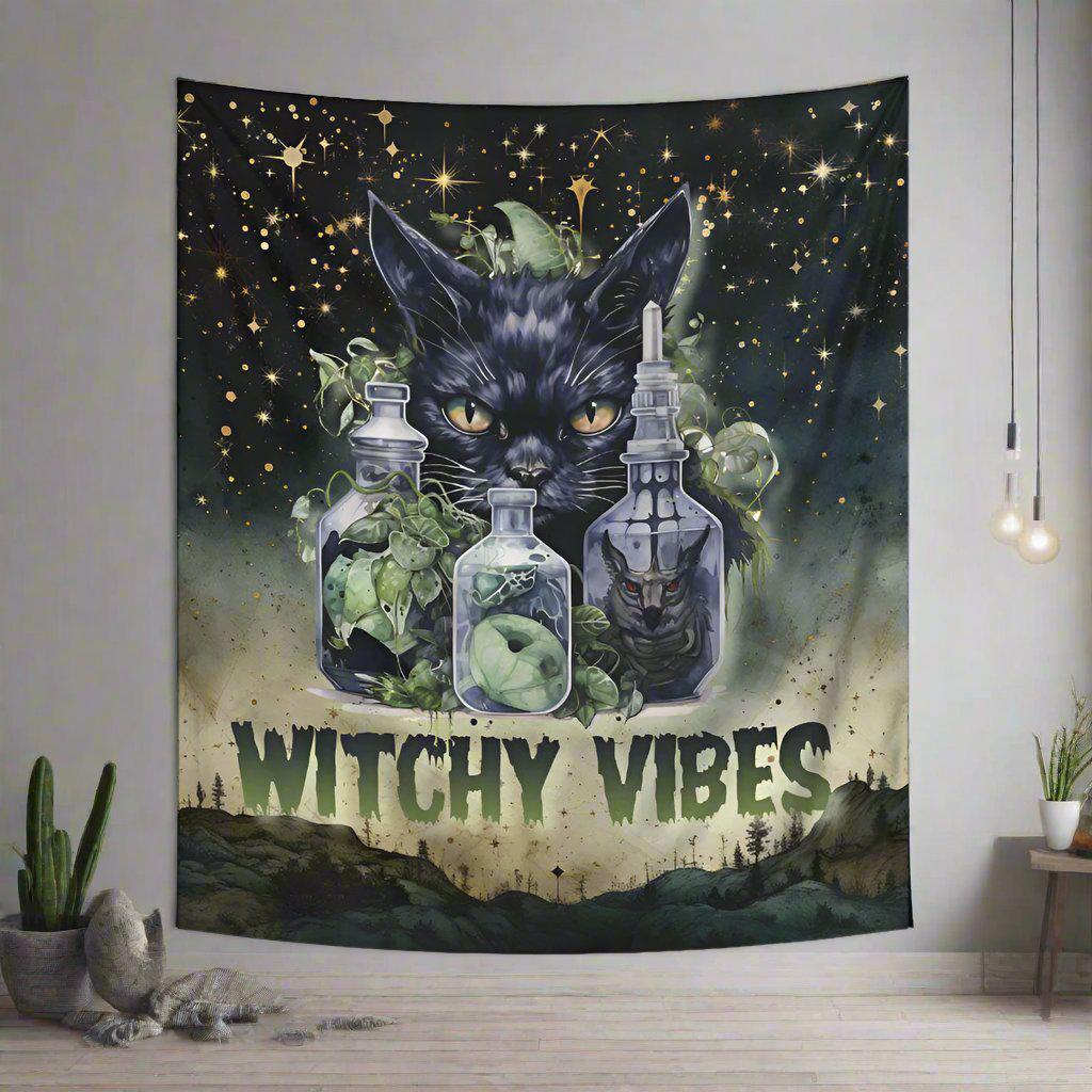 Black Cat Tapestry Gothic Cat Wall Hanging for Halloween-MoonChildWorld