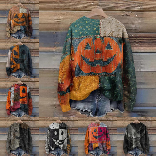 Creepy Pumpkin Long Sleeve Pullover Sweater - Gothic Witch Halloween Sweater