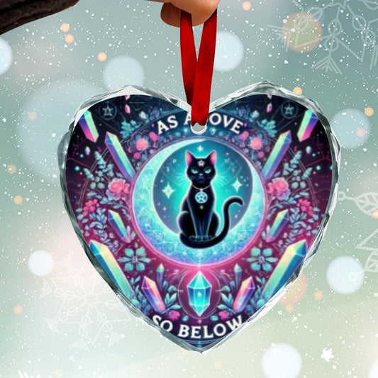 Moon Black Cat Wicca Christmas Heart-Shaped Crystal Glass Ornament