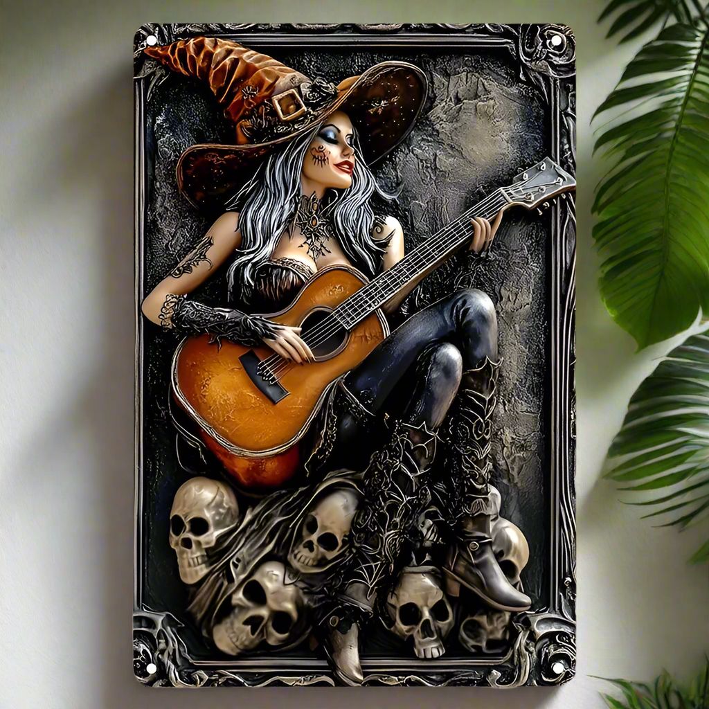 Witch Playing Guitar Halloween Metal Sign Skull Gothic Wall Decor-MoonChildWorld