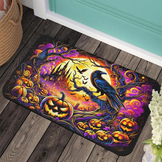 Pumpkins and Gothic Crow Doormat Black Raven Doormat for Halloween