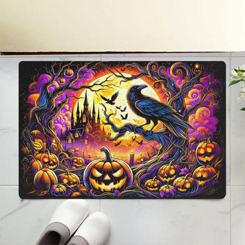 Pumpkins and Gothic Crow Doormat Black Raven Doormat for Halloween