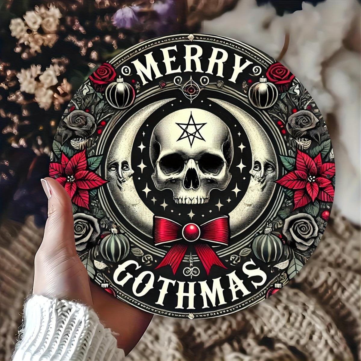 Merry Gothmas Wall Art Gothic Skull Metal Sign for Dark Christmas Decorations-MoonChildWorld