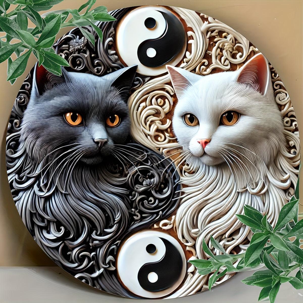 Black & White Cat Yin Yang Metal Sign Feng Shui Home Decor-MoonChildWorld