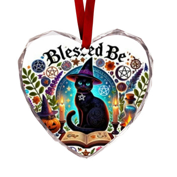 Witchy Black Cat Wicca Christmas Heart-Shaped Crystal Glass Ornament