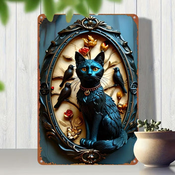 Ravens and Black Cat Metal Tin Sign Occult Cat Wall Art for Gothic Decor