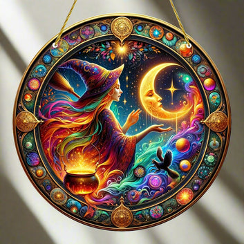 Moon Cauldron Witch Halloween Suncatcher Witchy Acrylic Round Sign