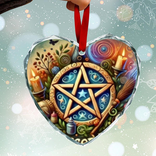 Witchcraft Pentacle Wicca Christmas Heart-Shaped Crystal Glass Ornament