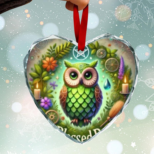 Mystic Owl Wicca Yule Heart-Shaped Crystal Glass Ornament
