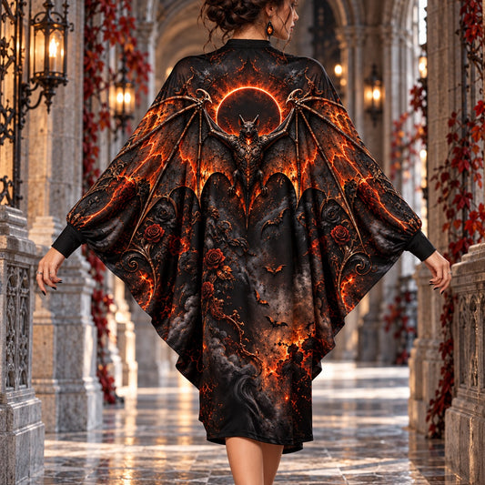 Fire Bat Eclipse Gothic Batwing Dress – Ember Halloween Witchy Midi – worn, back view
