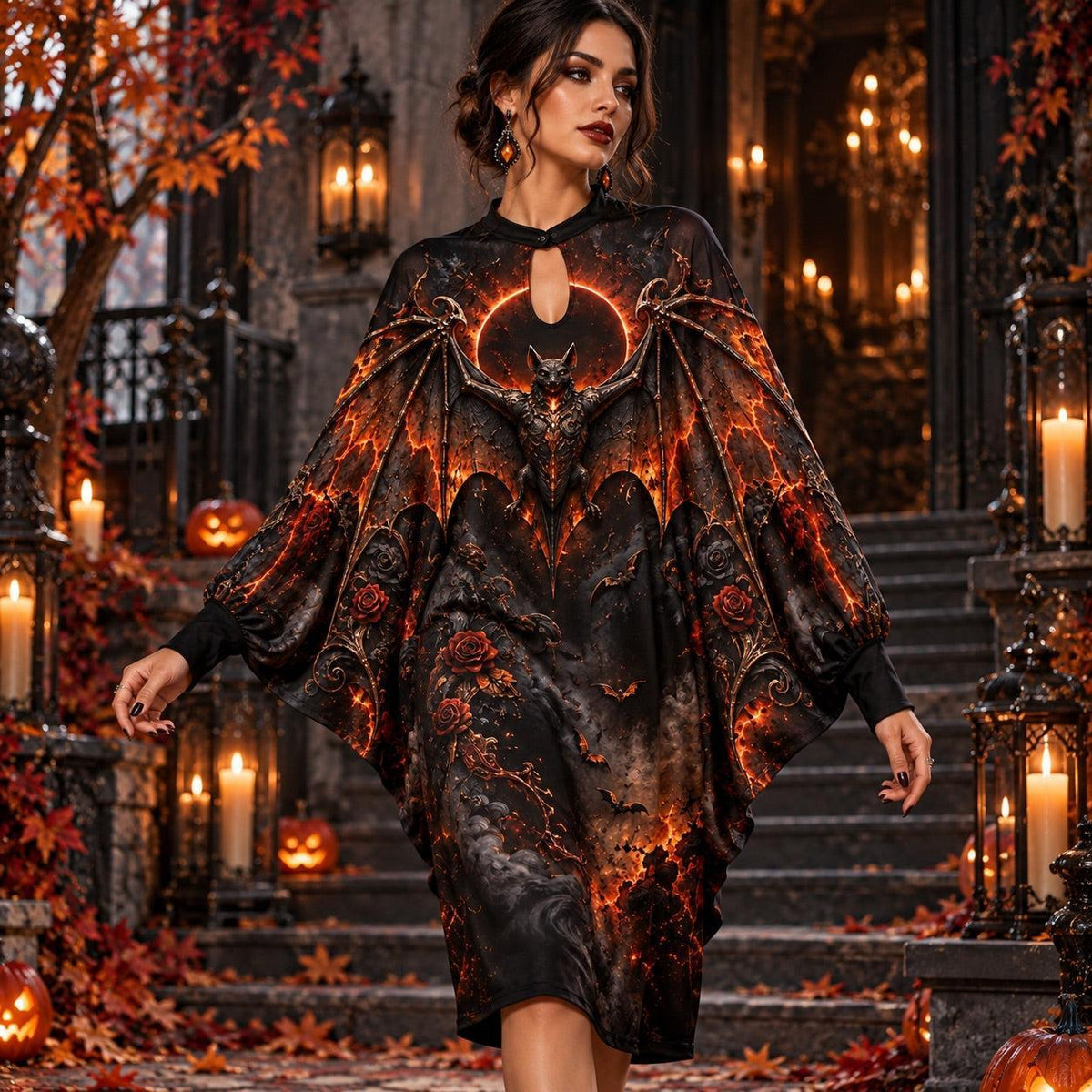 Fire Bat Eclipse Gothic Batwing Dress – Ember Halloween Witchy Midi – worn, in motion