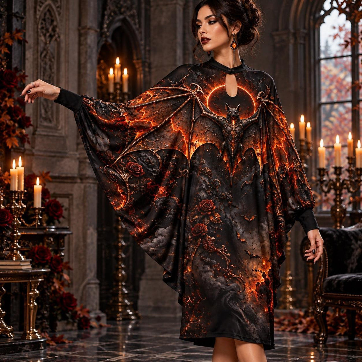 Fire Bat Eclipse Gothic Batwing Dress – Ember Halloween Witchy Midi – worn, three quarter view