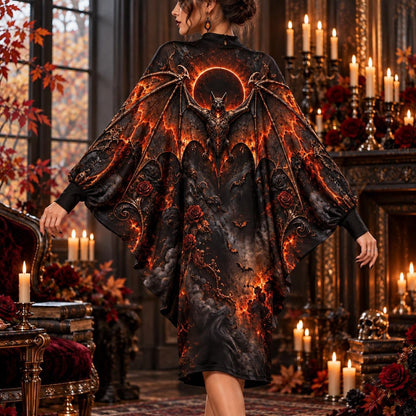 Fire Bat Eclipse Gothic Batwing Dress – Ember Halloween Witchy Midi – worn, back view