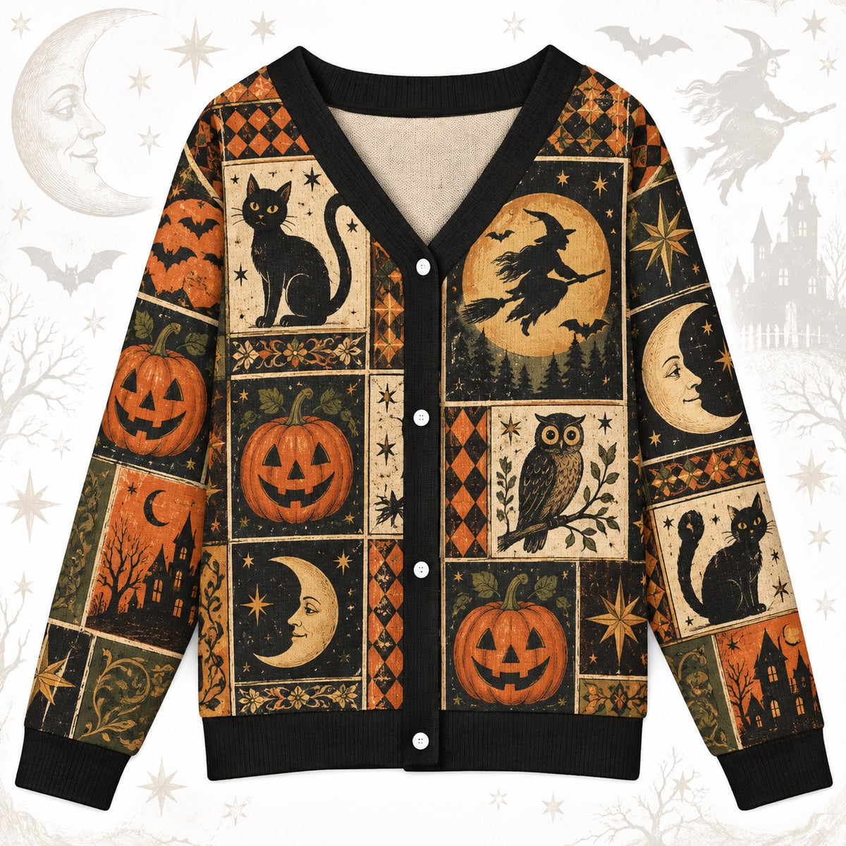 Flying Witch Owl Vintage Halloween Cardigan for Women Haunted House, front view