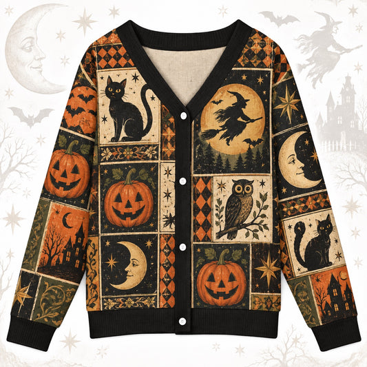 Flying Witch Owl Vintage Halloween Cardigan for Women Haunted House, front view