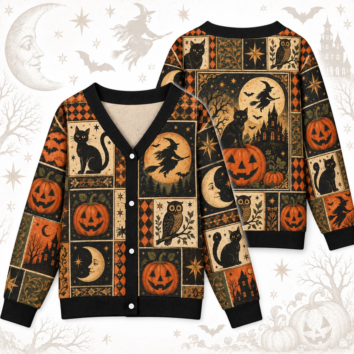 Flying Witch Owl Vintage Halloween Cardigan for Women Haunted House, front and back shown together