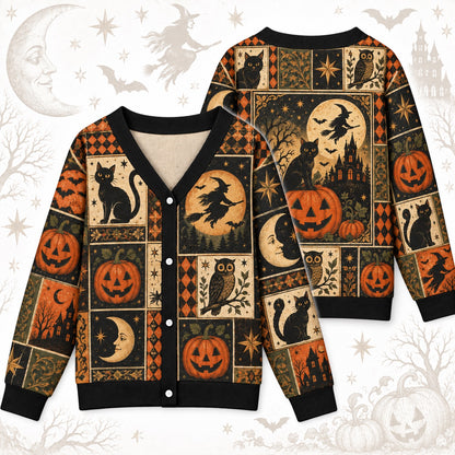 Flying Witch Owl Vintage Halloween Cardigan for Women Haunted House, front and back shown together
