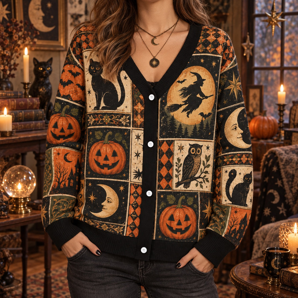Flying Witch Owl Vintage Halloween Cardigan for Women Haunted House, worn, front view