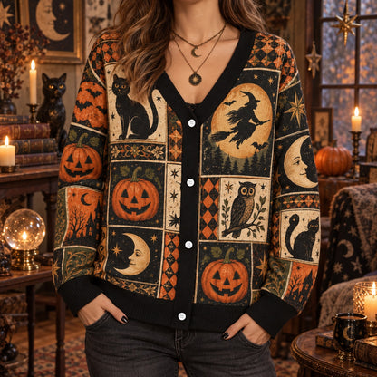 Flying Witch Owl Vintage Halloween Cardigan for Women Haunted House, worn, front view