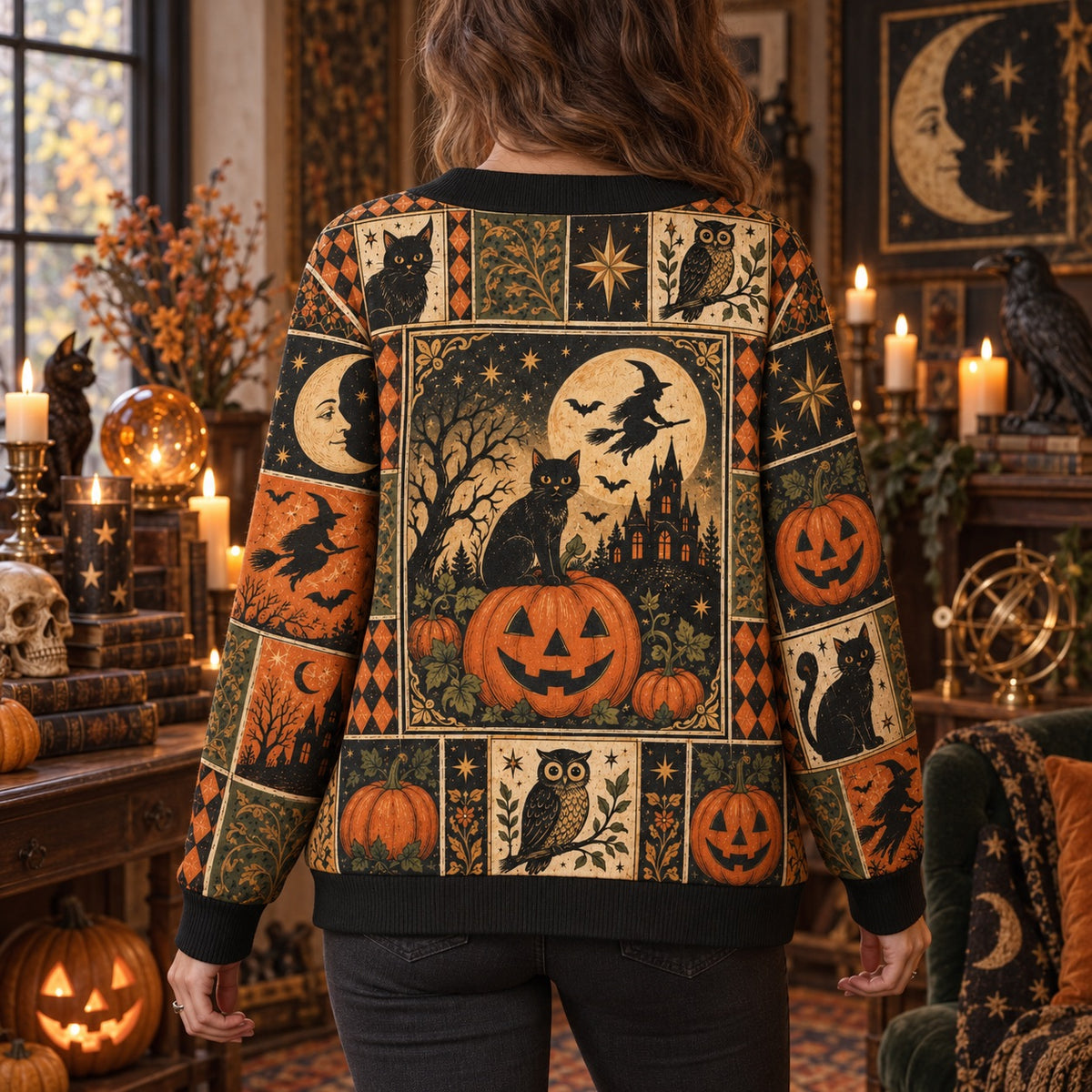 Flying Witch Owl Vintage Halloween Cardigan for Women Haunted House, worn, back view