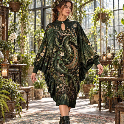 Forest Dragon Crescent Moon Pagan Batwing Dress – Green Witch Midi – worn, in motion