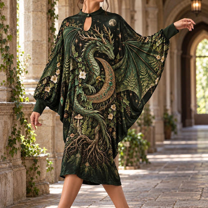 Forest Dragon Crescent Moon Pagan Batwing Dress – Green Witch Midi – worn, three quarter view