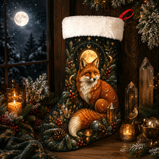 Fox And Moon Christmas Stocking Woodland Cottagecore Yule Decor, styled shot 4