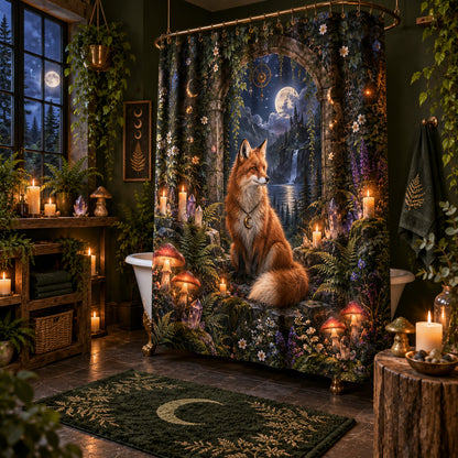 Fox Shower Curtain - Enchanted Forest Witchy Moon Decor, styled shot 2