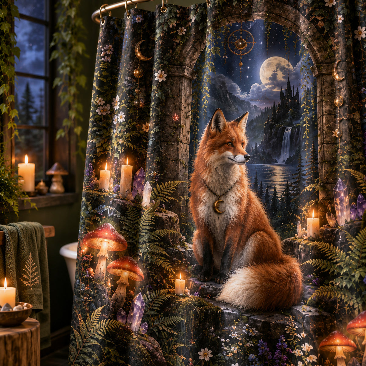 Fox Shower Curtain - Enchanted Forest Witchy Moon Decor, styled shot 4