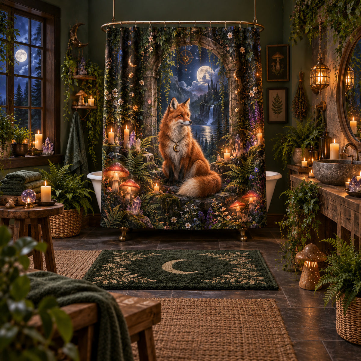 Fox Shower Curtain - Enchanted Forest Witchy Moon Decor, styled shot 5