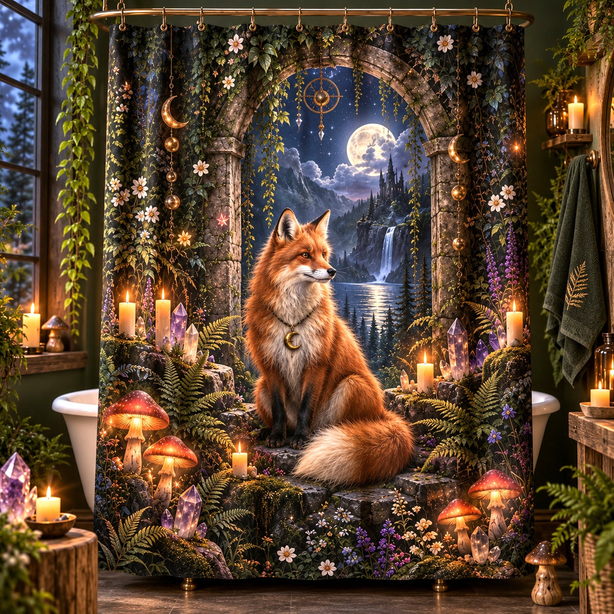 Fox Shower Curtain - Enchanted Forest Witchy Moon Decor