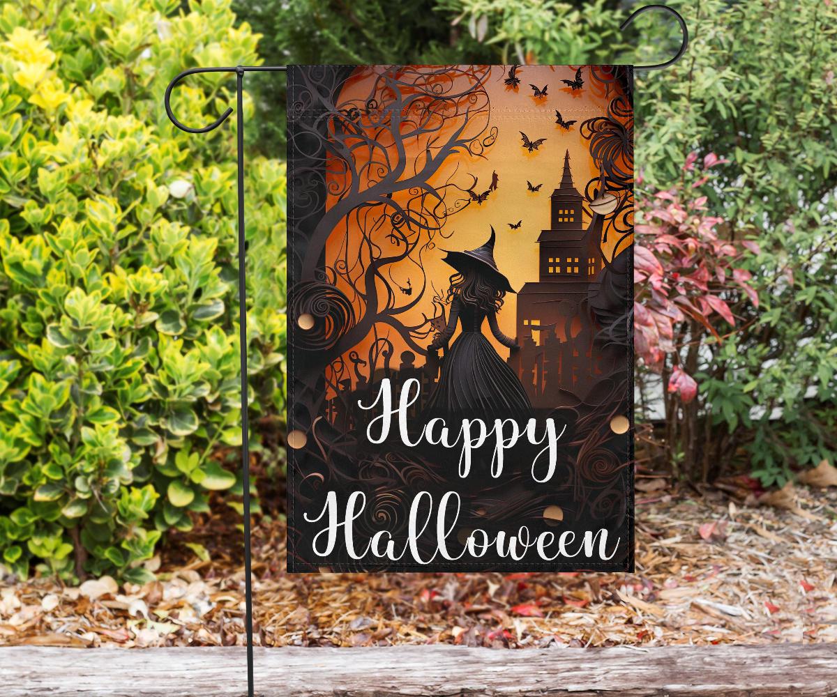 Haunted House Halloween Witch Flag-MoonChildWorld