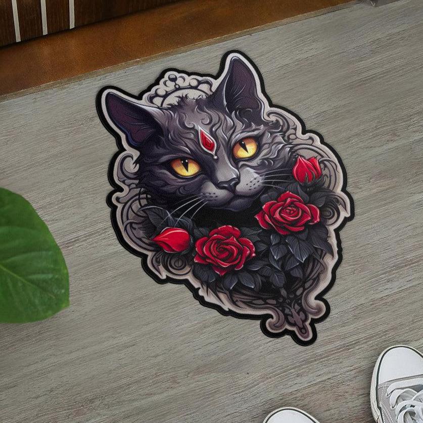 Black Cat Door Mat Gothic Cat Doormat-MoonChildWorld