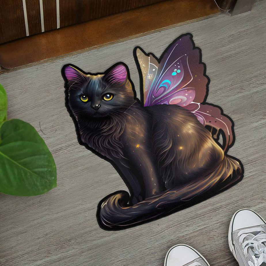 Winged Cat Door Mat Magic Black Cat Doormat-MoonChildWorld