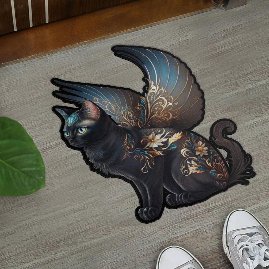 Winged Cat Door Mat Magic Black Cat Doormat-MoonChildWorld