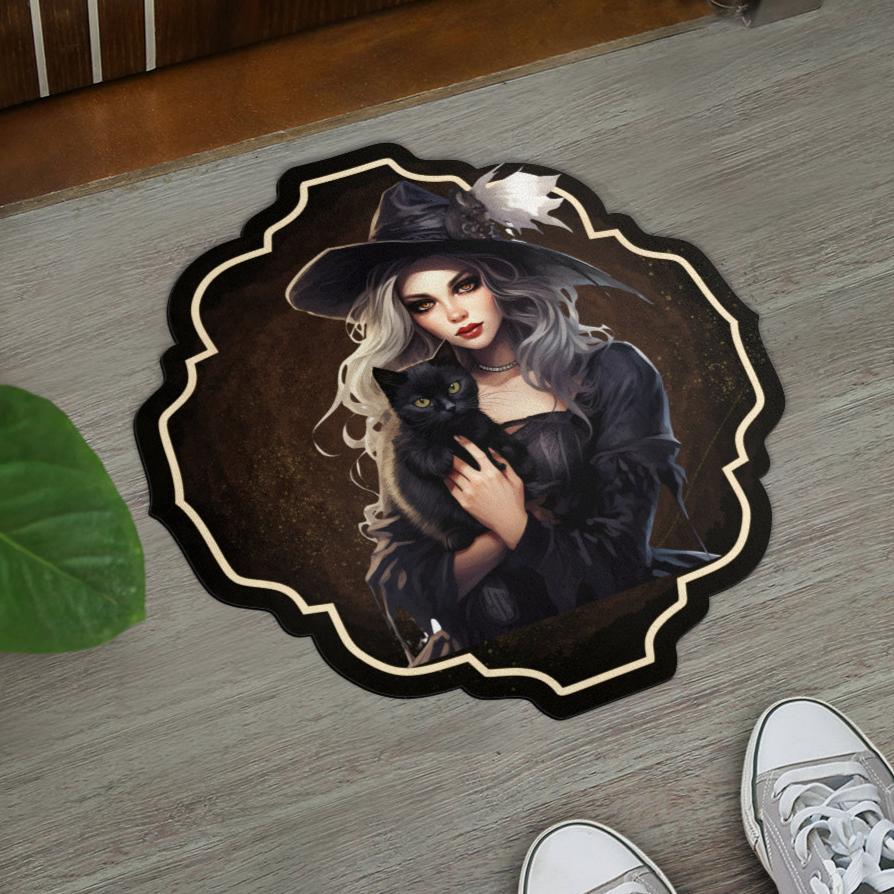 Mystic Witch and Black Cat Door Mat-MoonChildWorld