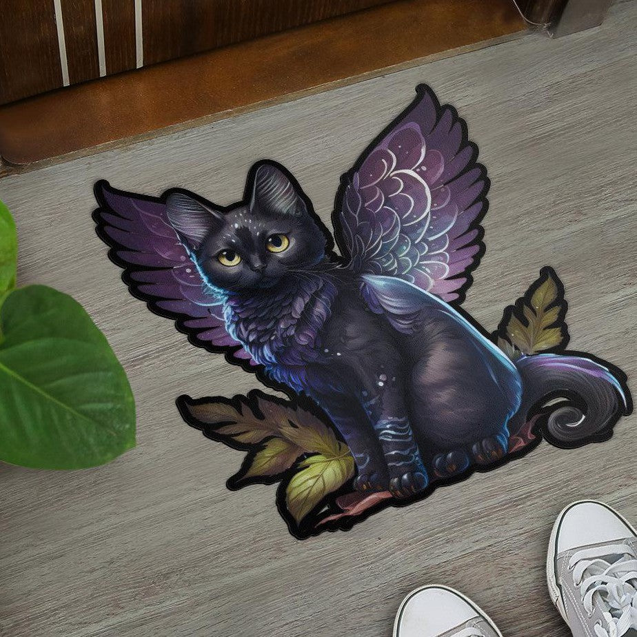 Winged Cat Door Mat Magic Black Cat Doormat-MoonChildWorld